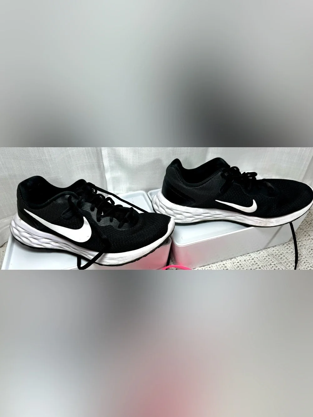 Women’s Nike Black & White Revolution 6 Next Running Sneakers with White Sole